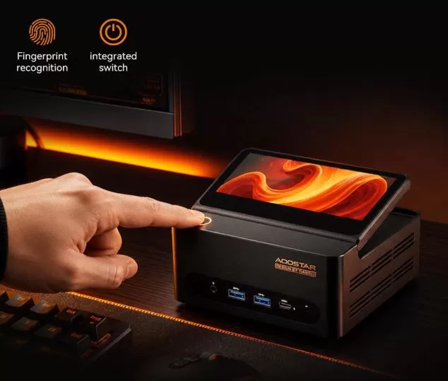 Aspecto exterior y lector de huellas dactilares del mini PC Aoostar G Flip