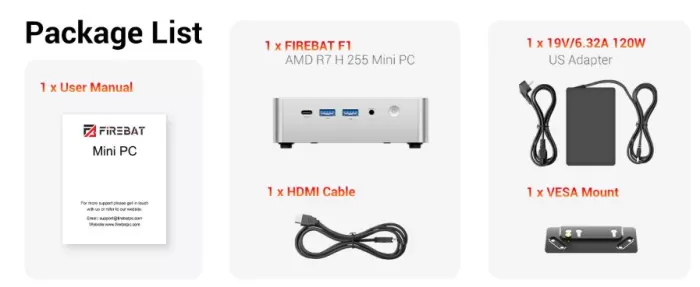 Contents of the Firebat F1 Mini PC Packaged Box