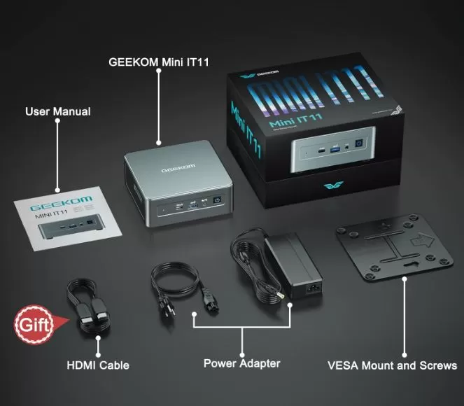 Contenido de la caja del mini PC Geekom IT11