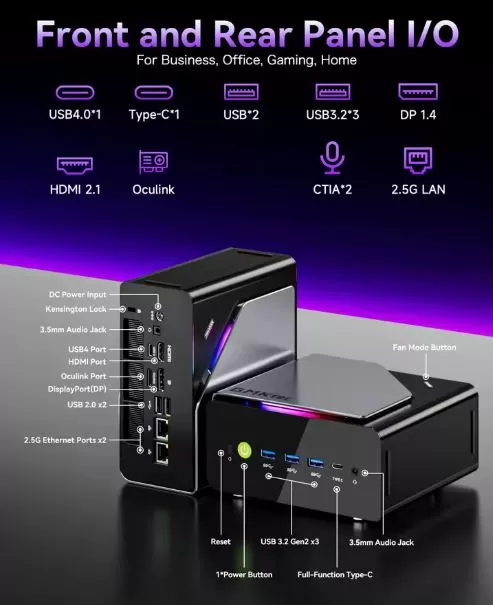 Ports and connections available on the Gmktec K15 mini PC