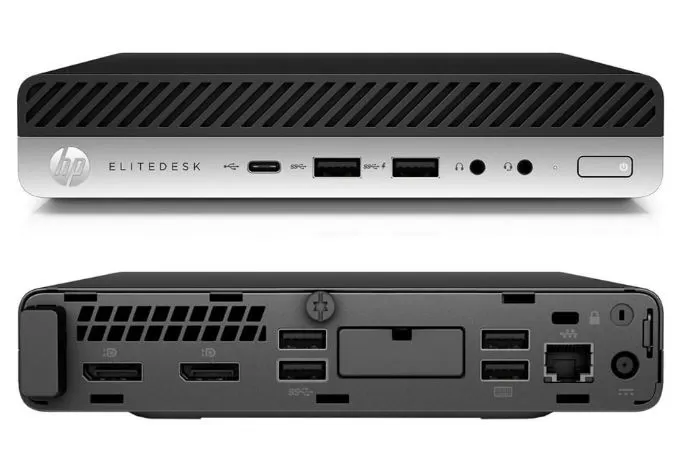 Front and rear view of the HP EliteDesk 800 G5 mini PC