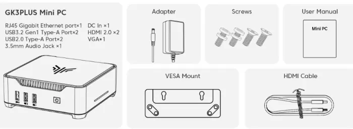 Contenido de la caja del mini PC Kamrui GK3PLUS