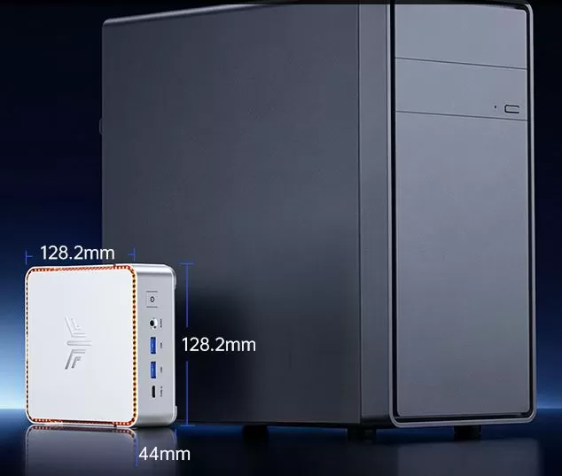 Dimensions and exterior appearance compared to a Kamrui H2 PC tower