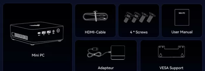 Contents of the KAMRUI P3 / NiPoGi P3 mini PC box