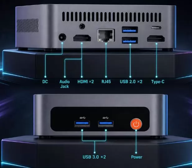 Conexões e portas do mini PC Ninkear M7 com Intel Core i7 1185g7