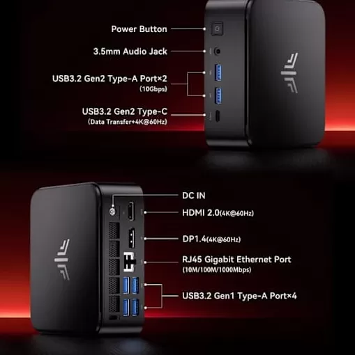 NiPoGi E3B Mini PC with labeled ports including HDMI, USB, DisplayPort, Ethernet, audio jack and power button