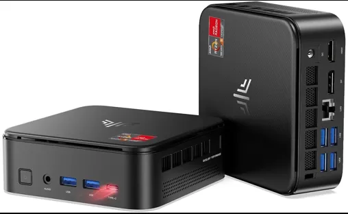 NiPoGi E3B Mini PC with AMD Ryzen branding, black chassis, multiple ports, side and rear views