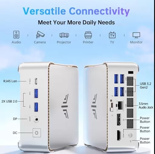 Silver NIPOGI P2 Mini PC showing front and rear ports, including USB, HDMI and audio jack