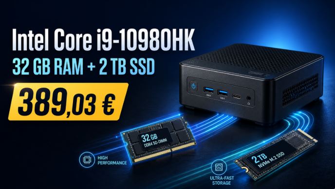 Mini-PC mit Intel Core i9-10980HK (32 GB RAM + 2 TB SSD) für nur 389,03 €