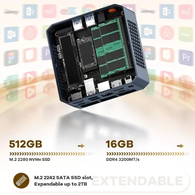 Internal view for expansions of the C8 mini PC with Ryzen 3 5400u
