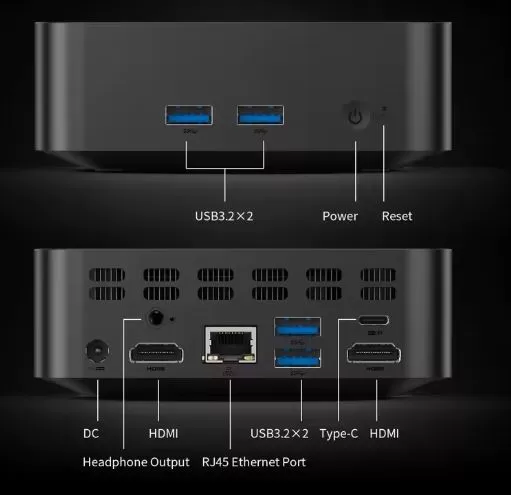 Connections and Ports, front and rear view of the Teclast N20 mini PC